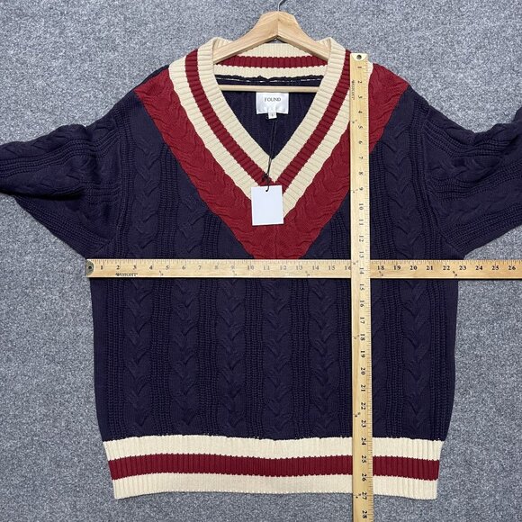 V-Neck Cricket Cable Knit Sweater In Navy By FOUND Size Small - Picture 6 of 6
